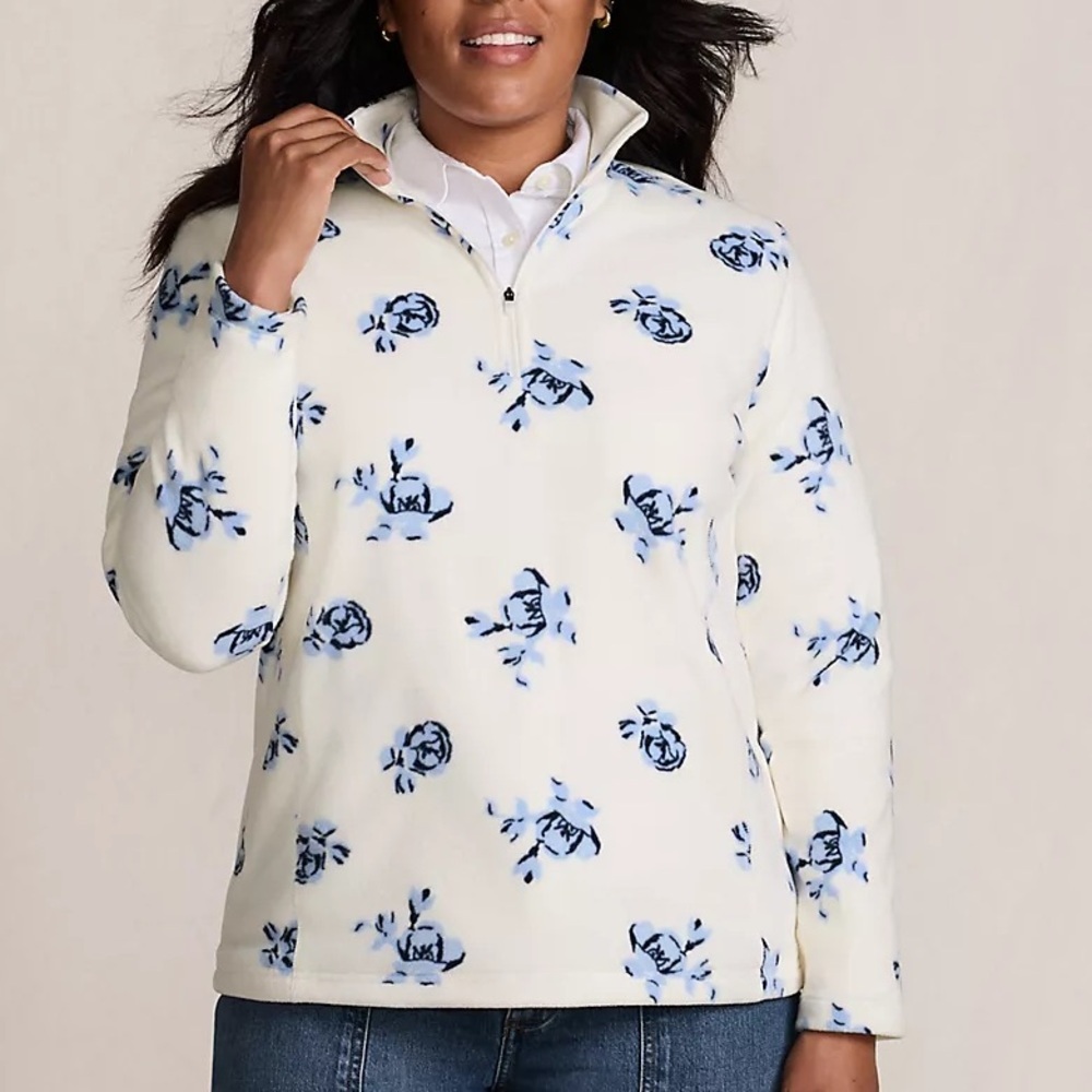 Lands' End Cream and Blue Floral 1/4 Zip Fleece Pullover Size 1X NWT